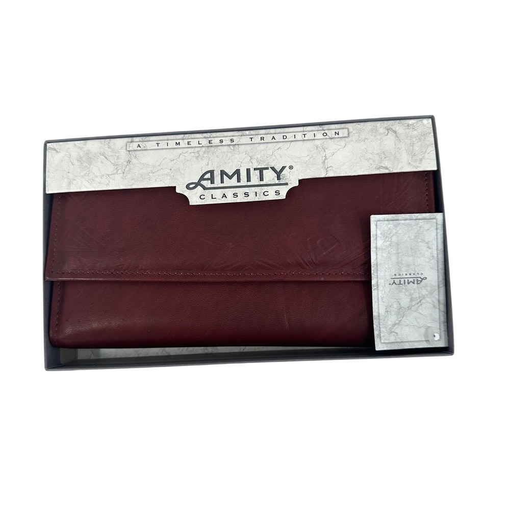 Amity Classics Burgundy Leather Trifold Clutch Wallet‎ Kiss Lock Vintage NIB USA